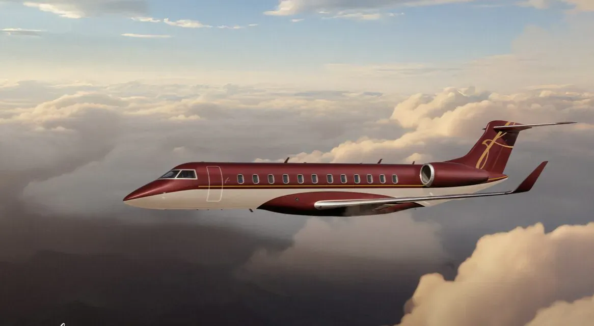Bombardier Global 7500 private jet flying through clouds, maroon with white accents, Falcon fleet featured.