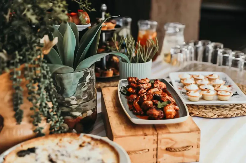 Elegant outdoor buffet at Nambiti Hills with grilled chicken skewers, tarts, iced tea, and potted plants