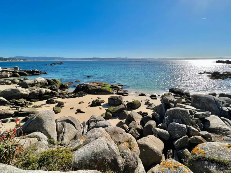 Sunny rocky beach with turquoise ocean waves, distant hills, and green moss under clear blue sky at wellness retreat.