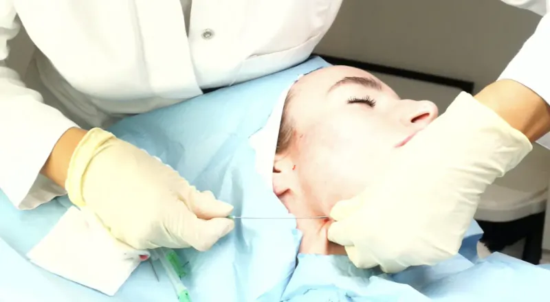 Dr. Kubicka in white coat and gloves performs neck lift procedure on draped patient in clinic.