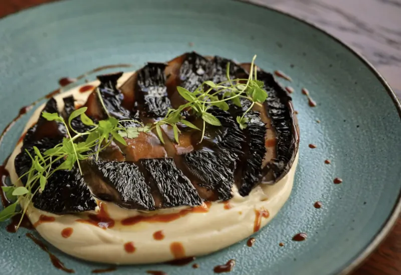 Sliced black mushrooms on white puree with green herbs and sauce on teal plate