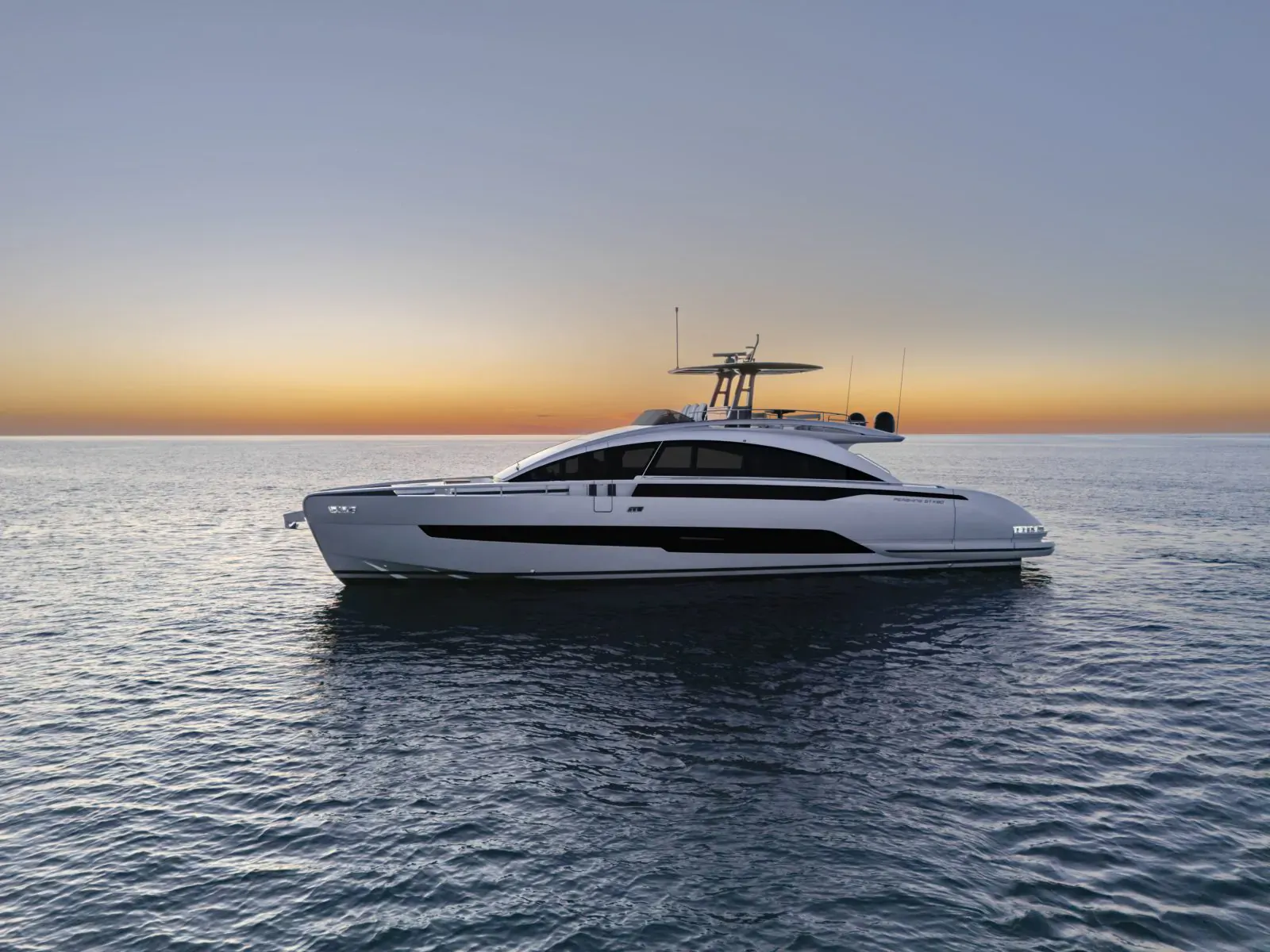 Sleek white Pershing GTX80 yacht with sportfly bridge on calm sea at sunset