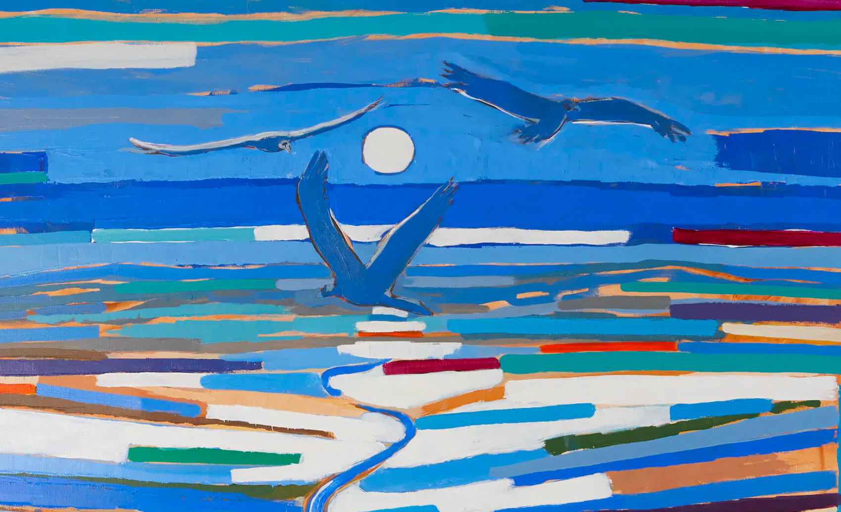 Abstract painting of blue seascape with flying birds, moon, and sandy shore by Katharine Edwards
