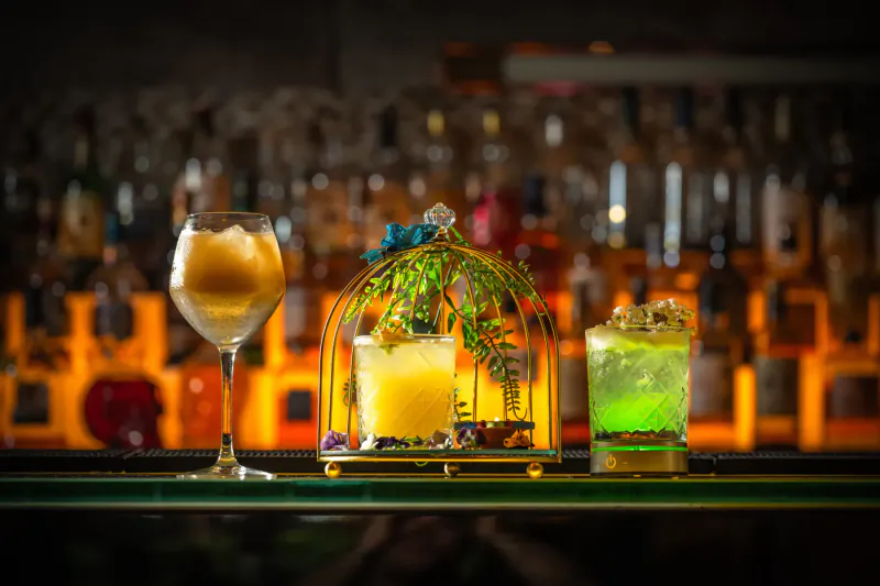 Three cocktails on a bar: yellow wine glass, birdcage with yellow drink and candle, green highball, blurred bottles behind.