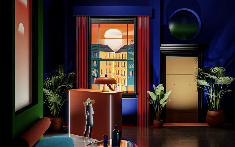 Stylish blue room with gin bottles on table, figure on orange stand, sunset cityscape window, plants for World Gin Day at Sketch