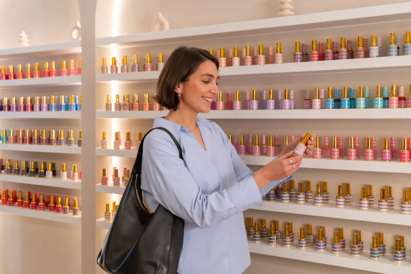 Smiling woman in blue shirt holding nail polish bottle, browsing colorful shelves in chic nail spa