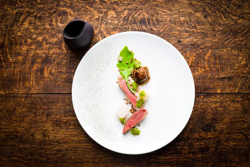Elegant plate of pink duck breast with green leaves, white orbs, and nutty mound, beside black sauce jug on wooden table.