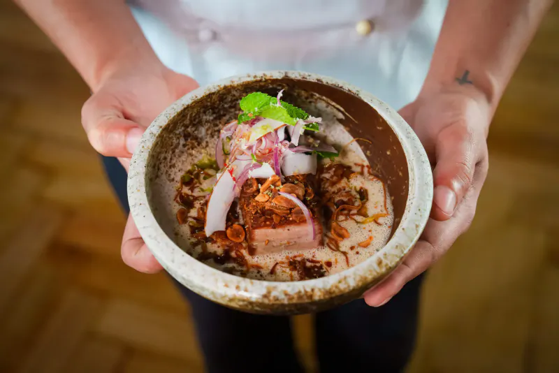 Chef's hands holding a bowl of creamy tofu dish topped with pink onions, green herbs, and spices