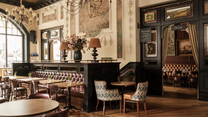 Elegant interior of The Trafalgar Public House on King’s Road, with ornate chandeliers, velvet seating, lamps, and floral decor.
