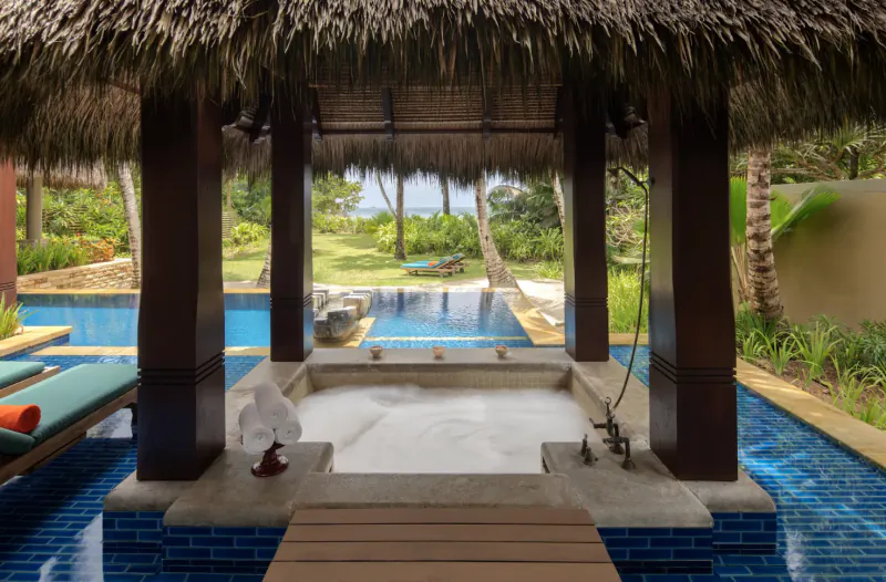 Open-air thatched pavilion with jacuzzi and infinity pool overlooking tropical Seychelles beach and palms