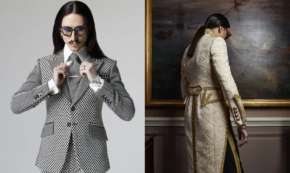 Joshua Kane in checkered suit with fake mustache and glasses, left; in ornate cream coat by painting, right, at The Mandrake
