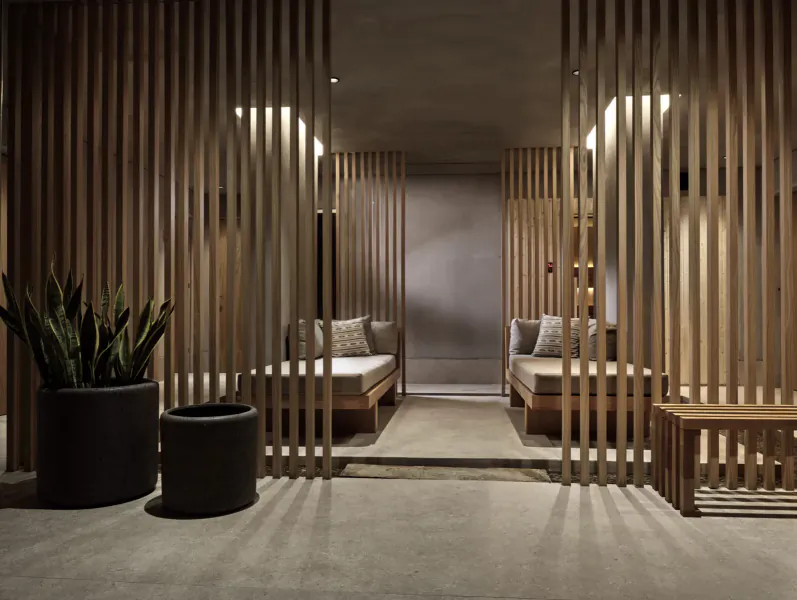Modern hotel lounge with wooden slat screens, two cushioned daybeds, potted snake plant, and bench.