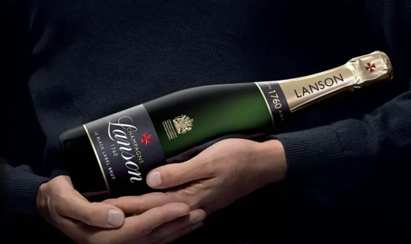 Hand holding green Lanson champagne bottle with gold label and crest, against dark background