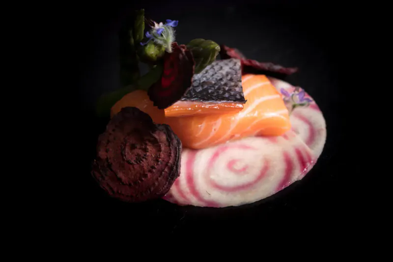 Artistic plate of salmon sashimi with beets, greens, and edible flowers on pink swirled dish, dark background