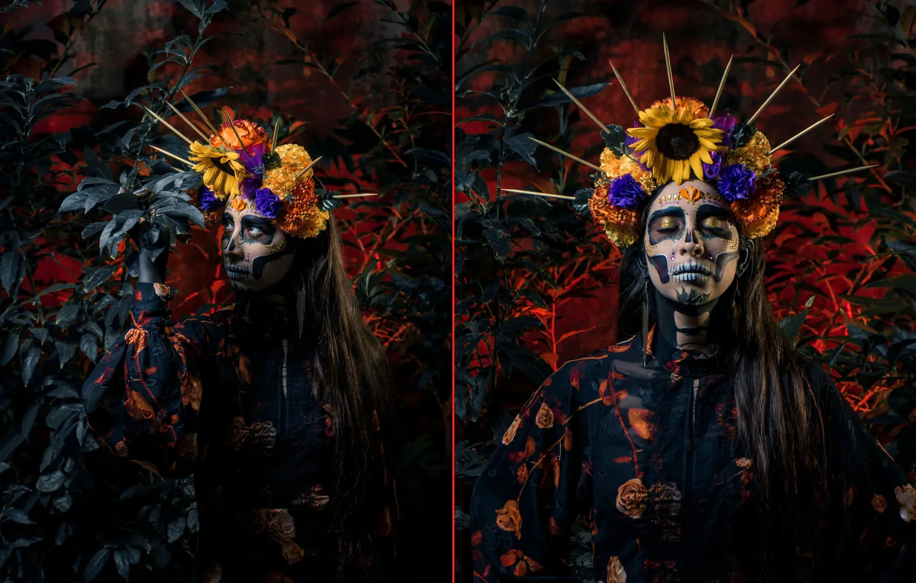 Mama London as Catrina with yellow sunflower crown, skull makeup, dark floral dress in red foliage, Halloween portrait