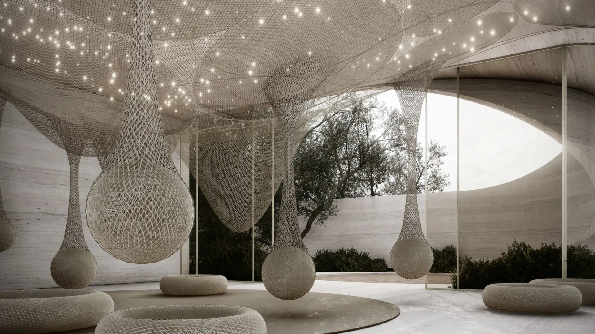 Modern architectural interior with suspended net-like orbs, curved walls, olive tree, and cushioned seating in neutral tones