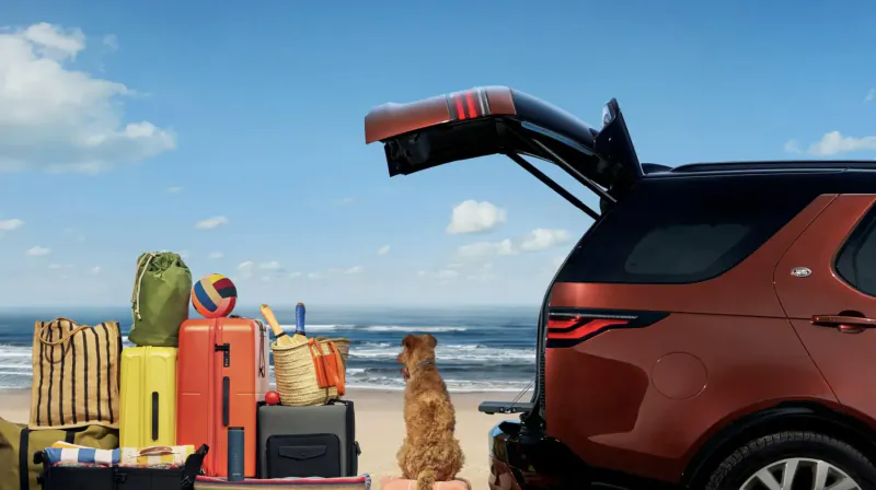 Red Land Rover Discovery SUV with open tailgate packed with colorful beach luggage and a small dog, ocean backdrop.