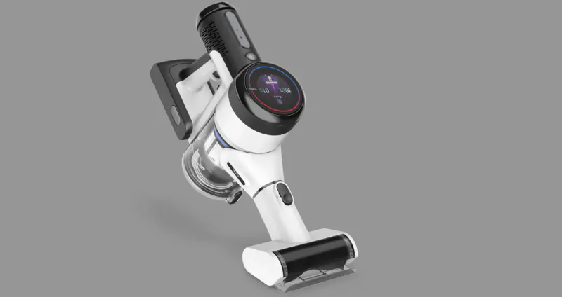 White Tineco PURE ONE S15 Pro smart stick vacuum angled on gray background with red LED ring.