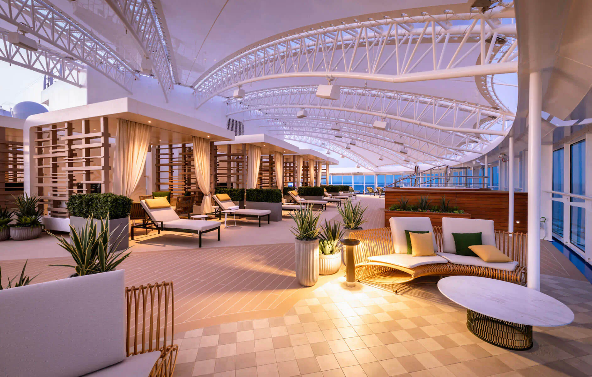 Luxurious Princess Cruises pool deck with lounge chairs, plants, and ocean view under curved canopy.