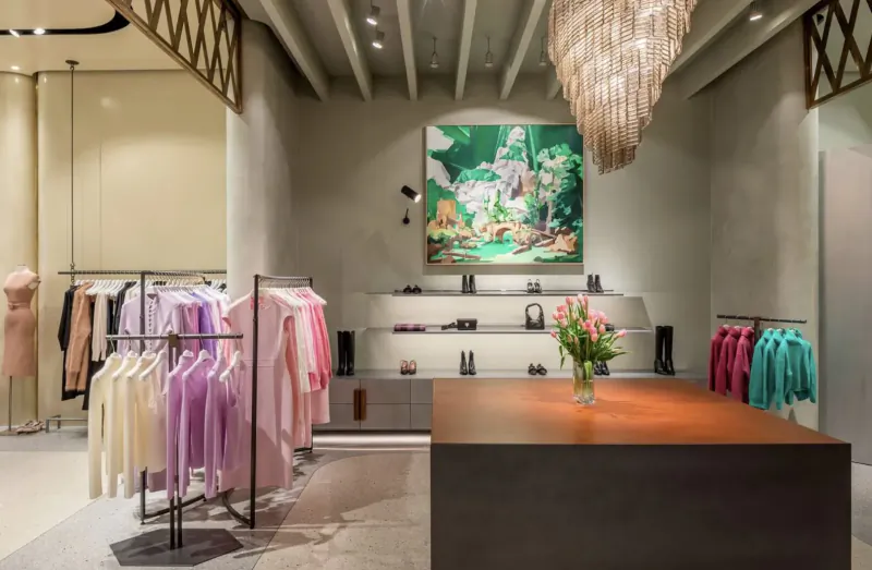 Scanlan Theodore luxury fashion boutique interior with pink dresses on racks, green artwork, chandelier, and flowers on wood table