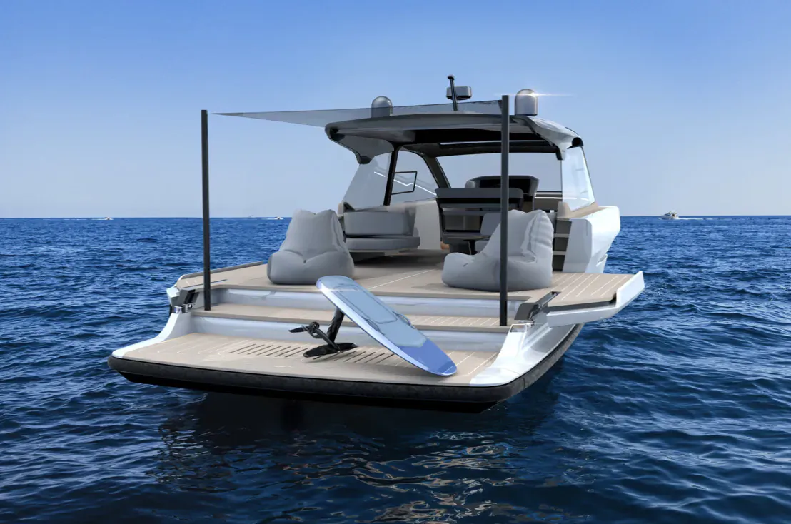Sialia 59 Loft electric chase vessel on sea, rear view with white seats, e-foil board, and canopy
