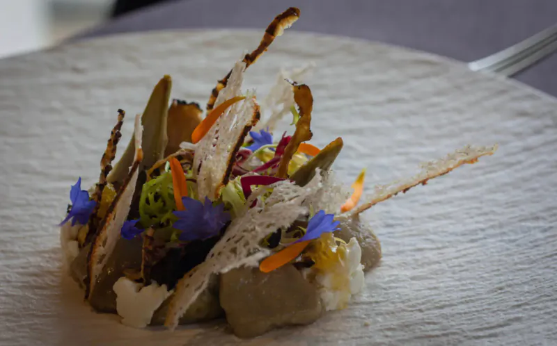 Elegant plated dish with gray spheres, green and purple veggies, blue flowers, orange crisps on white napkin