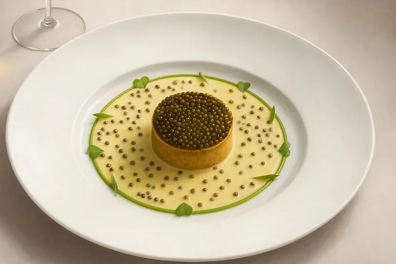 Close-up of white plate with golden caviar-topped tart, yellow sauce, green herb garnish, and wine glass beside it.