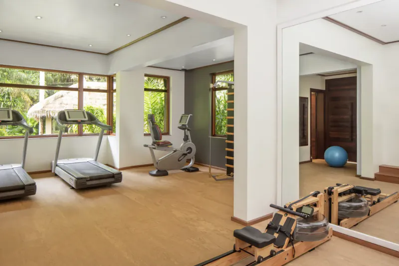 Spacious wooden-floor gym in Anantara Maia Seychelles Villas with treadmills, exercise bike, rower, pull-up bars, and blue exercise ball.