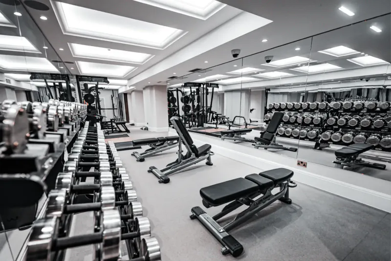 Spacious modern gym interior with weights, benches, racks, mirrors, and soft ceiling lights at The Body Lab.
