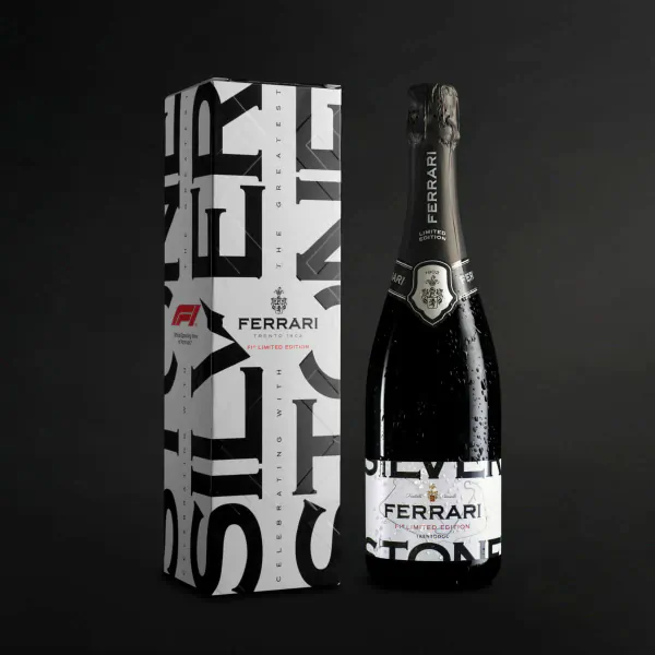 Ferrari F1 Limited Edition Silverstone champagne bottle and box, with F1 logo and Grand Prix branding.