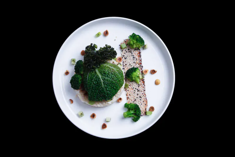 White plate with central cabbage mound on rice, surrounded by broccoli florets, salmon strip, and scattered beans on black background