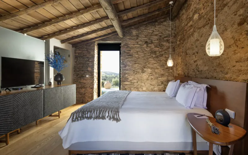 Cozy bedroom in stone barn with wooden beams, king bed, TV, pendant lights, and hill view.