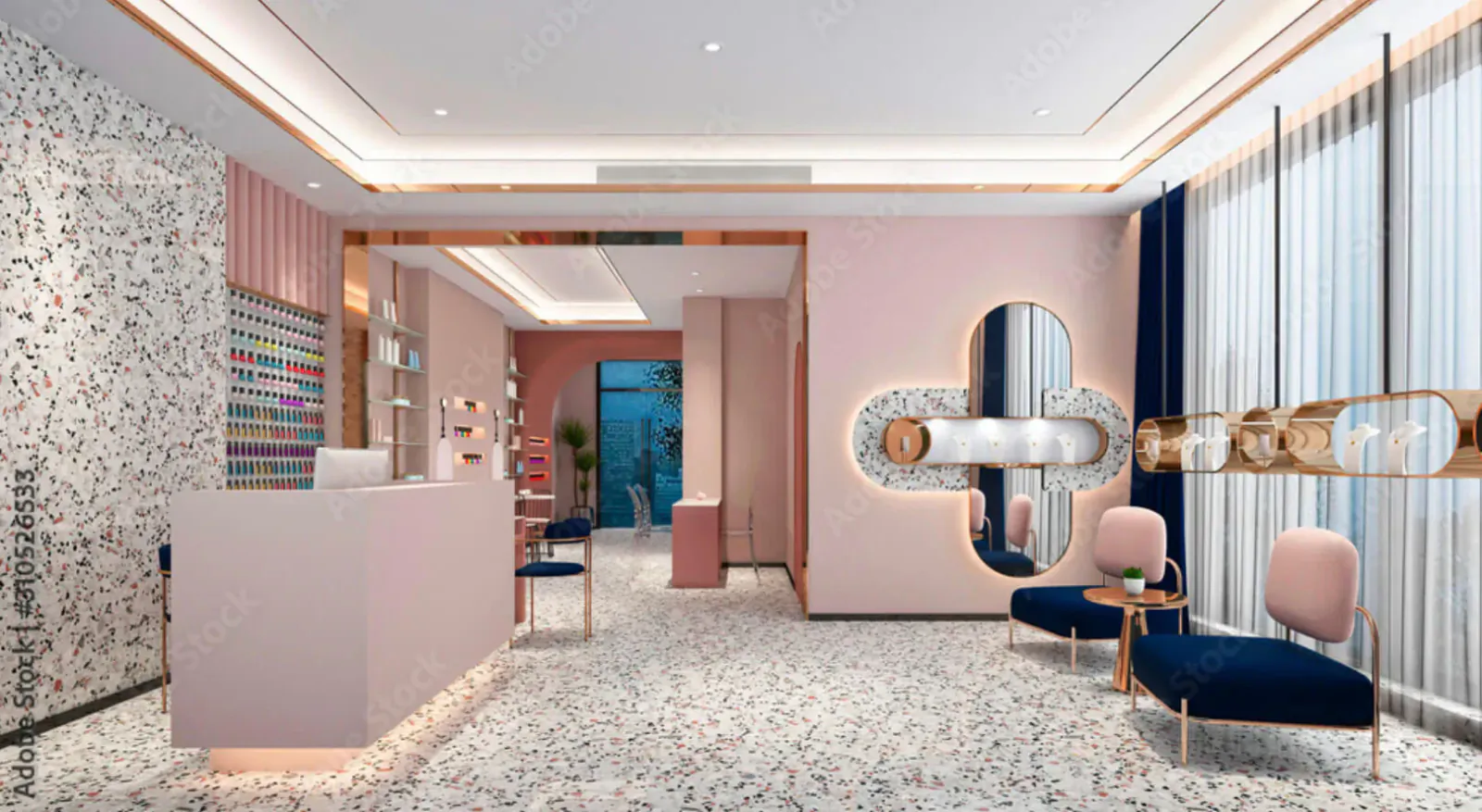 Modern pink nail salon interior with reception desk, terrazzo floor, pink chairs, and large windows