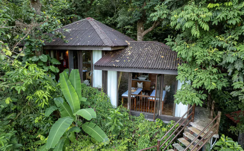Wooden yoga retreat bungalow with dining area, nestled in lush tropical rainforest, Langkawi, Malaysia