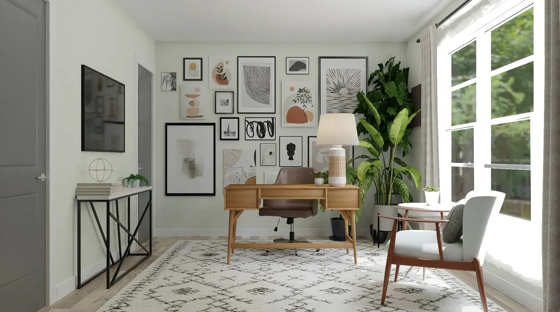 Modern home office with wooden desk, office chair, eclectic wall art, large potted plant, and French doors to garden.