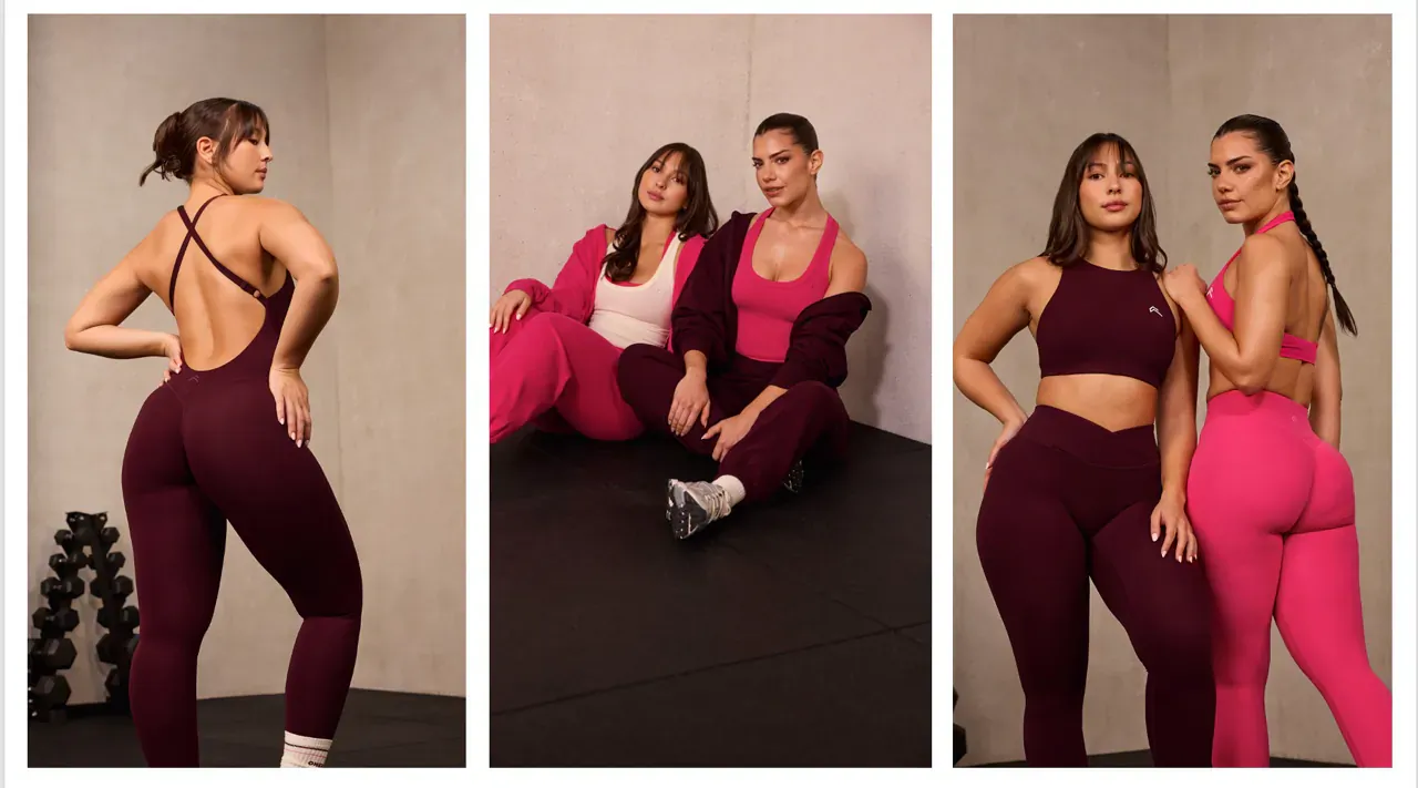 Three women modeling Luxuria luxury wellness activewear: backless burgundy set by weights, seated in pink, standing pink and burgundy.
