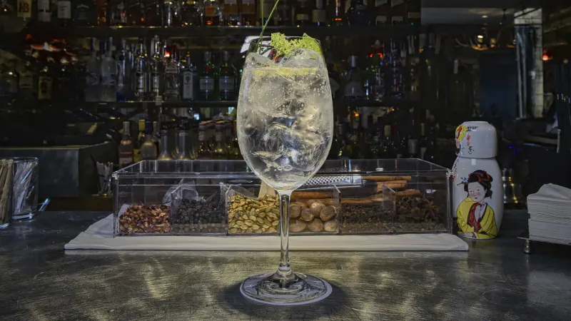 Close-up of gin and tonic in tall glass with lime and kiwi on bar counter amid bottles and matryoshka dolls