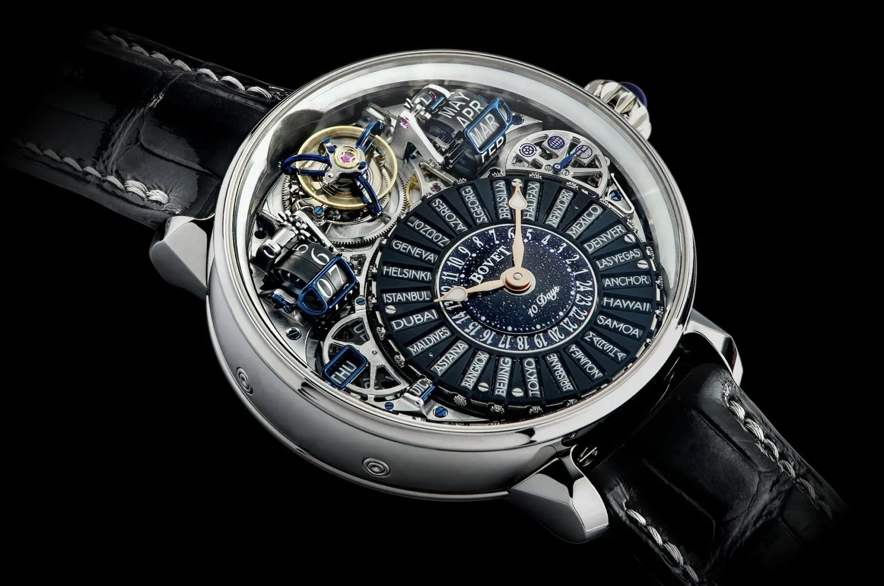 BOVET Récital 28 “Prowess 1” luxury skeleton watch with intricate blue gears, fan dial, on black leather strap