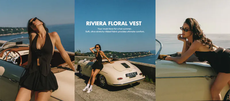 Three photos of models in Riviera Floral Vest: posing by sea, on vintage car, lounging seaside.