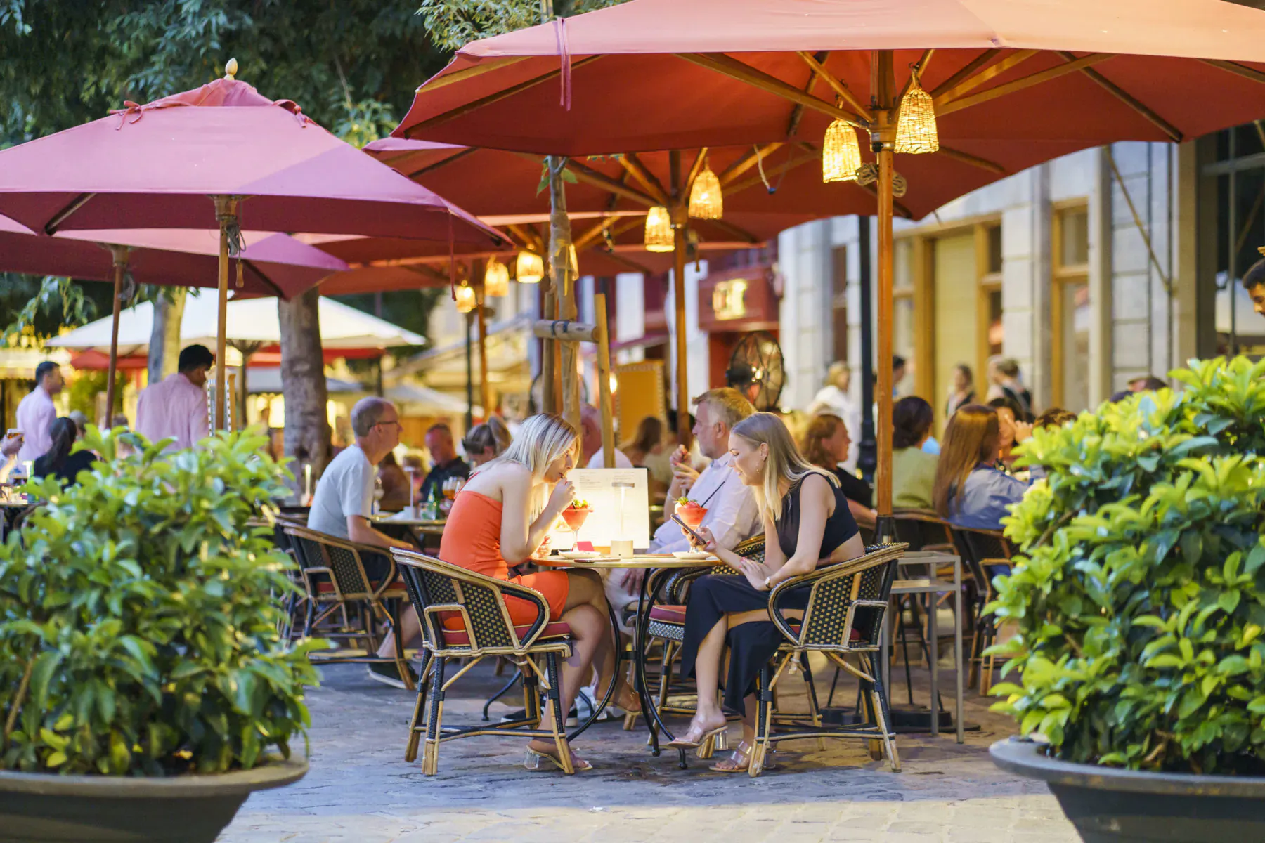 People dining at outdoor Hotel Cappuccino café under red umbrellas amid lush greenery.