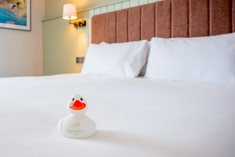 White rubber duck on white bed sheets in luxurious hotel room with headboard and lamp.
