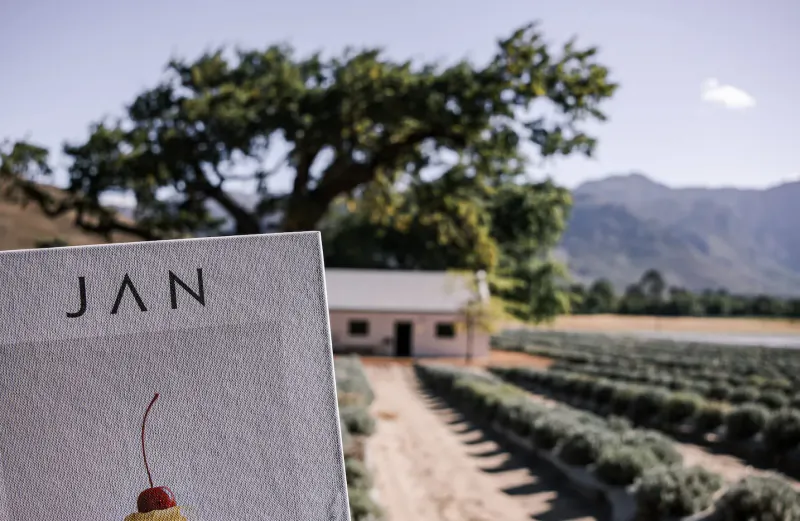 Close-up of 'JAN' logo on paper over blurred lavender fields, white farmhouse, big tree, and Cape mountains.