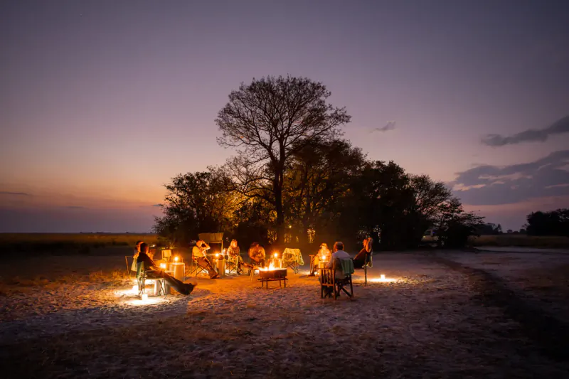 Group gathered around campfire under acacia tree at dusk during Zambian horseback safari