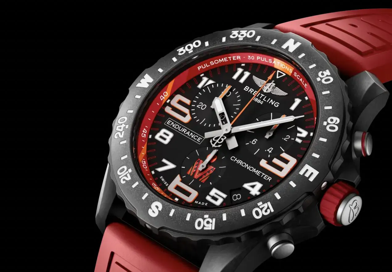Breitling Endurance Pro 44 IRONMAN chronograph watch, black dial, red rubber strap, one of 300.