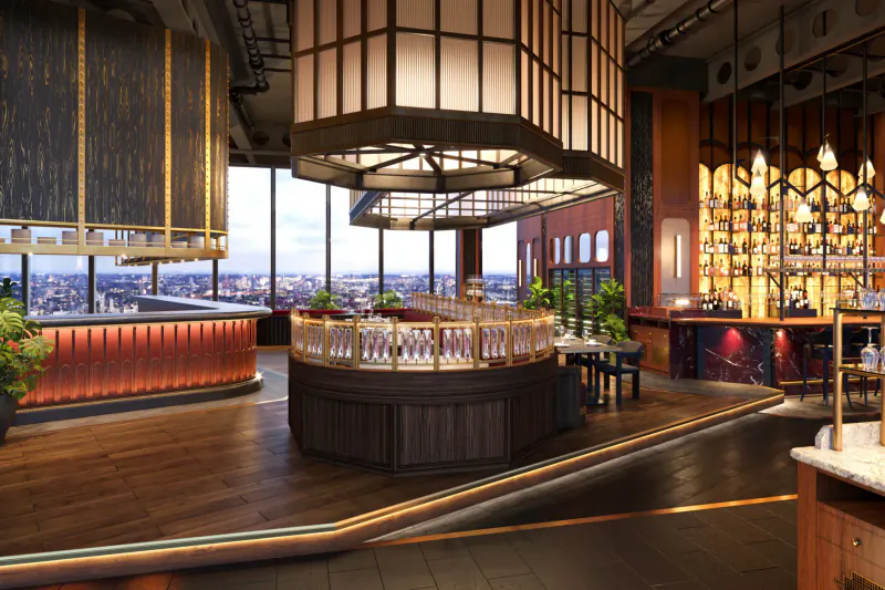 Lucky Cat by Gordon Ramsay at 22 Bishopsgate: Luxurious circular bar with pendant lights and city skyline view.