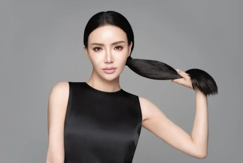 Kim Lim with sleek black ponytail held up, wearing sleeveless black dress, gray studio background