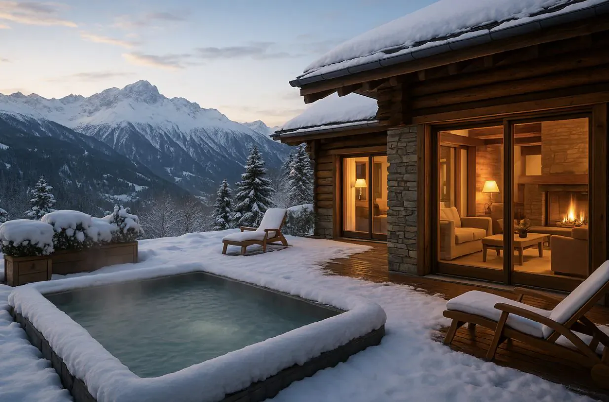 Luxury wooden chalet with hot tub and lounge chairs on snowy deck at dusk, Swiss Alps mountains beyond, warm indoor fire glowing.