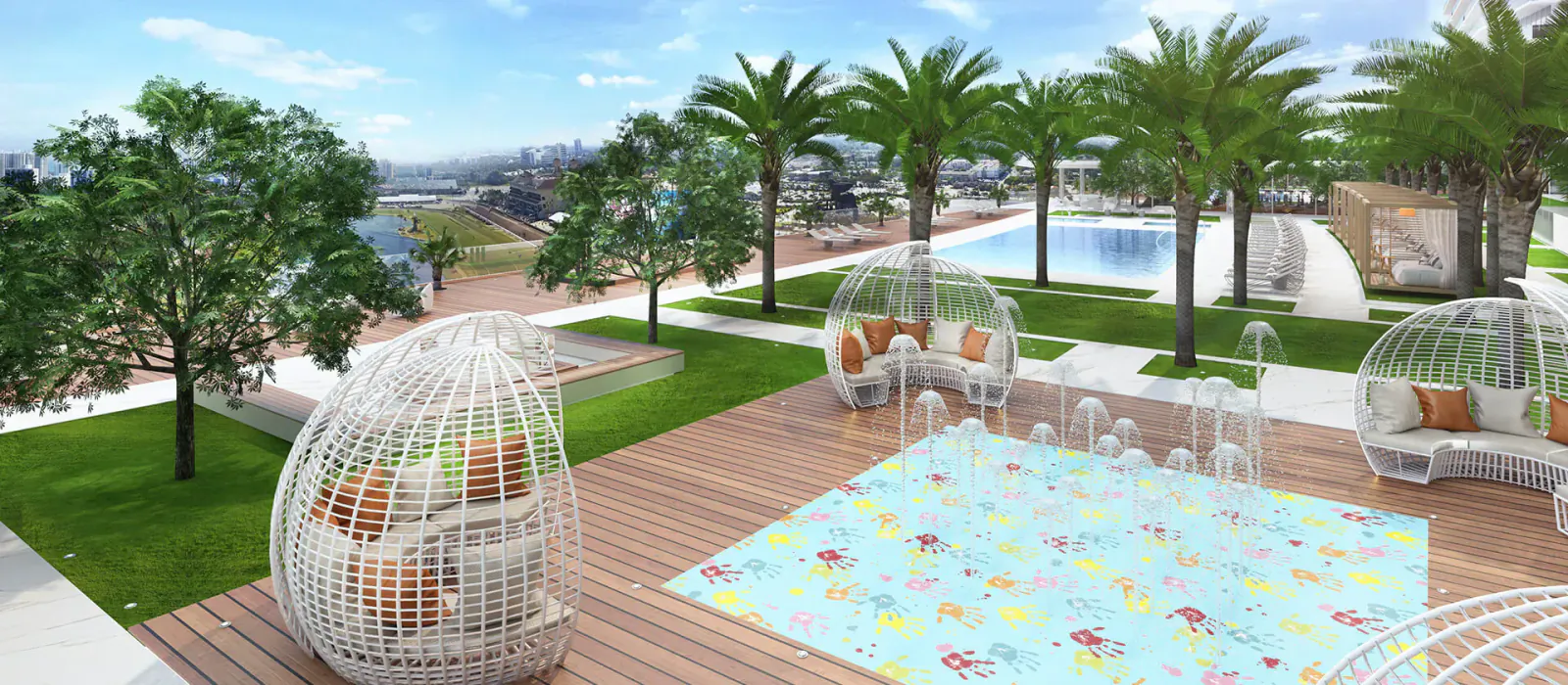 Luxury rooftop deck at Oasis Hallandale with egg chairs, colorful play mat, infinity pool, palms, and city skyline view.