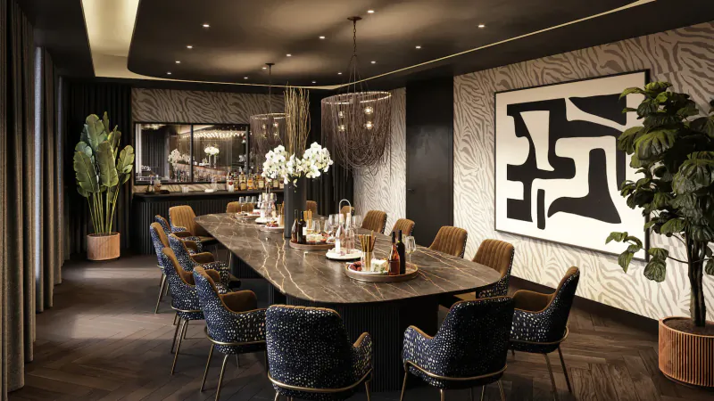 Luxurious hotel dining room with long marble table, blue velvet chairs, cacti, orchids, and abstract wall art.