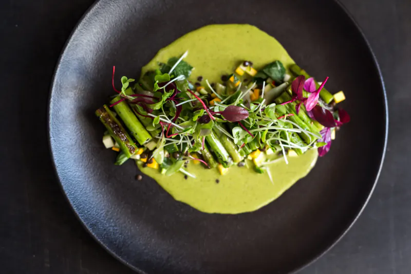 Asparagus spears topped with microgreens, corn, and radishes on green sauce in black plate